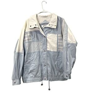 IZZI Vtg Patchwork Jacket Womens L Blue White Plaid‎ Striped 90s Bomber Shabby